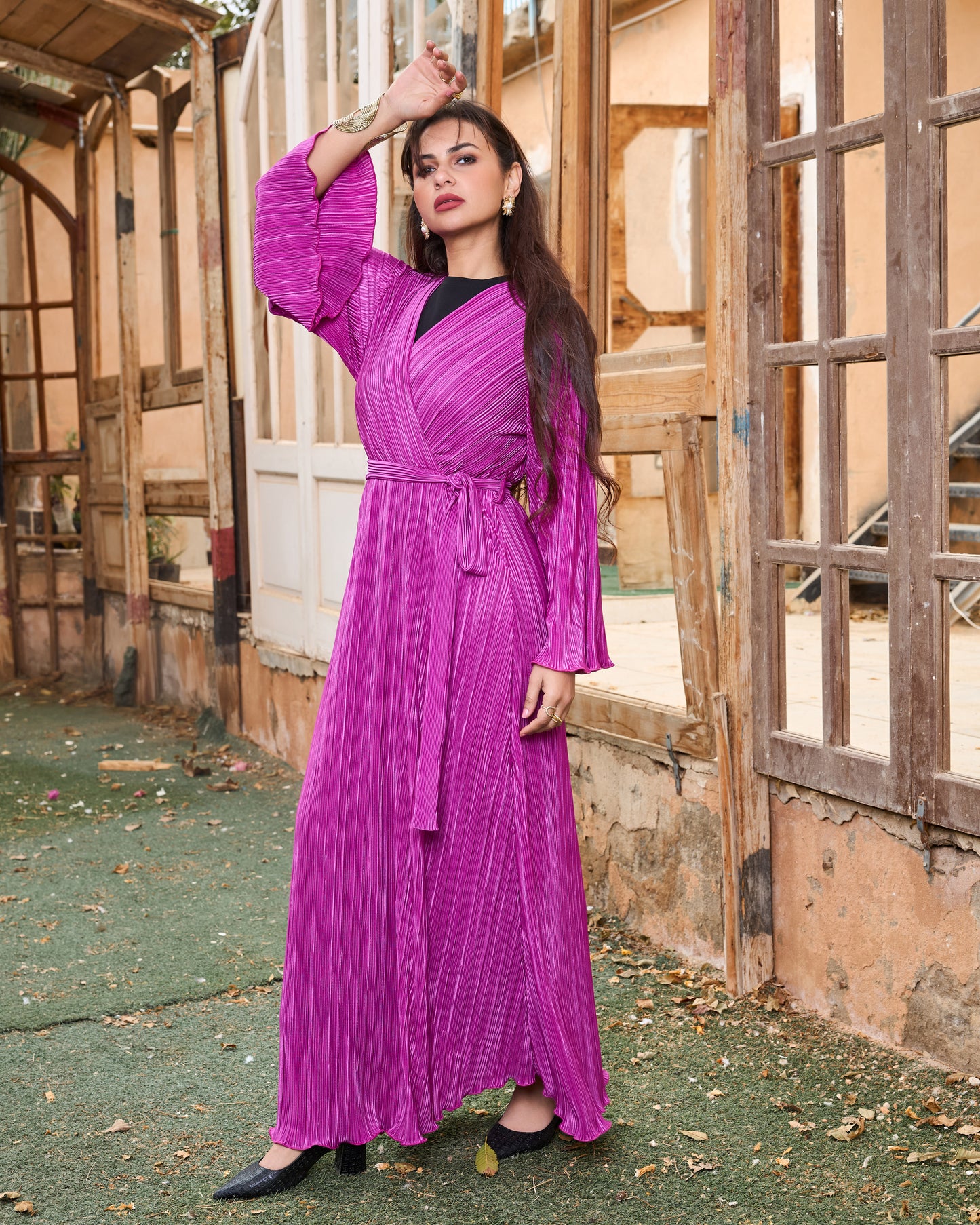 Pleated Satin Wrap Dress (Fuchsia)