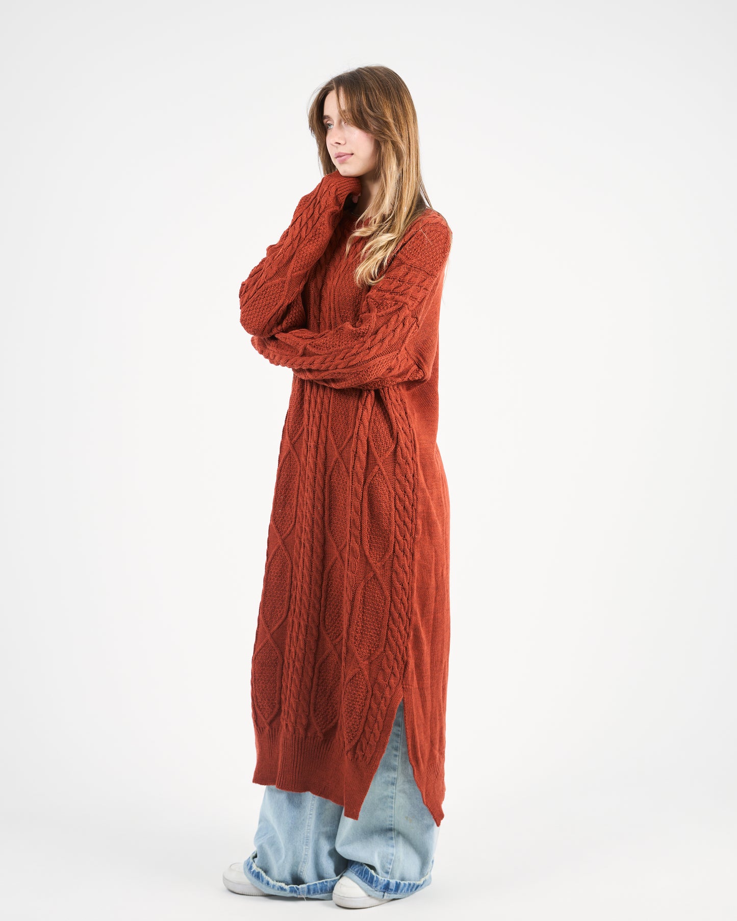 Warm Caramel-Brown Knit Dress with Side Slits