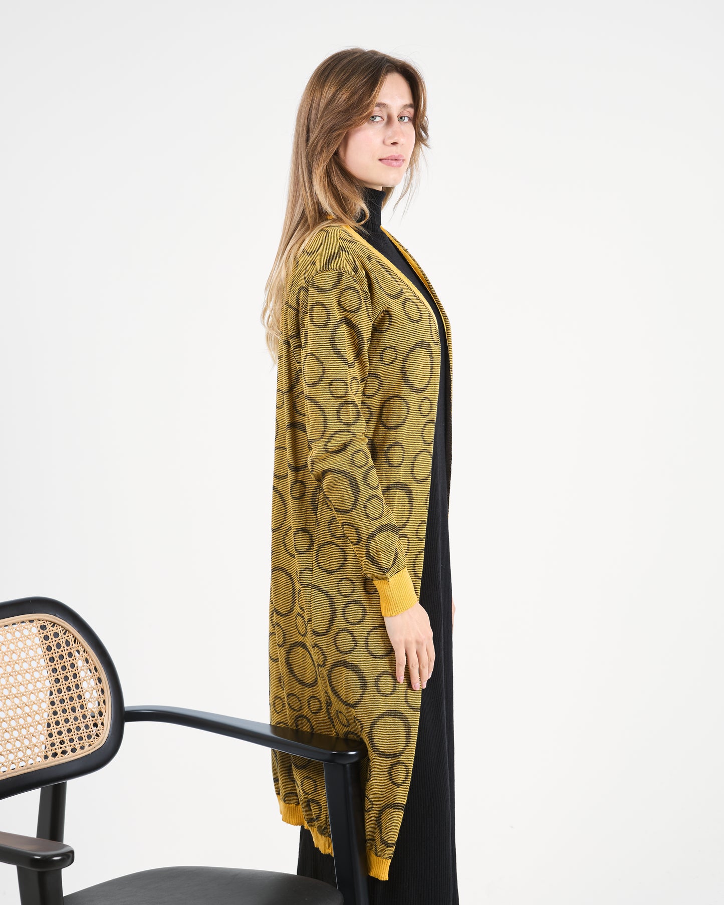 Turkish Mustard Geometric Print Knit Cardigan