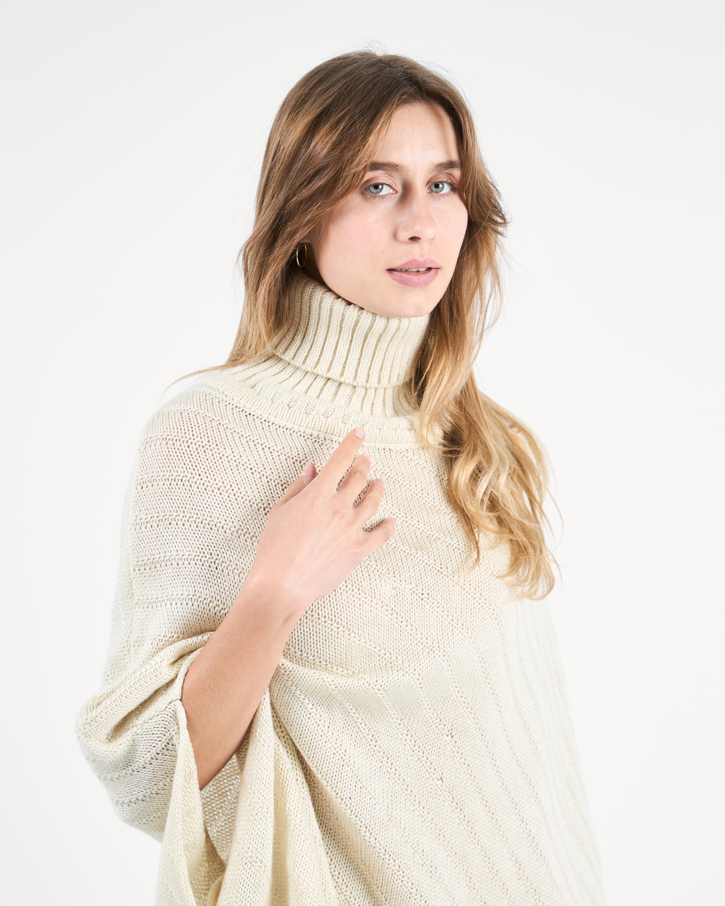 Ivory Beige Turtleneck Poncho With Fringe