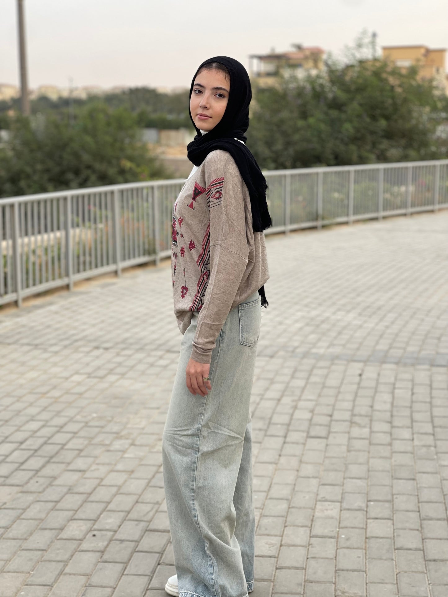 Turkish tribal geometric sweater in cafe