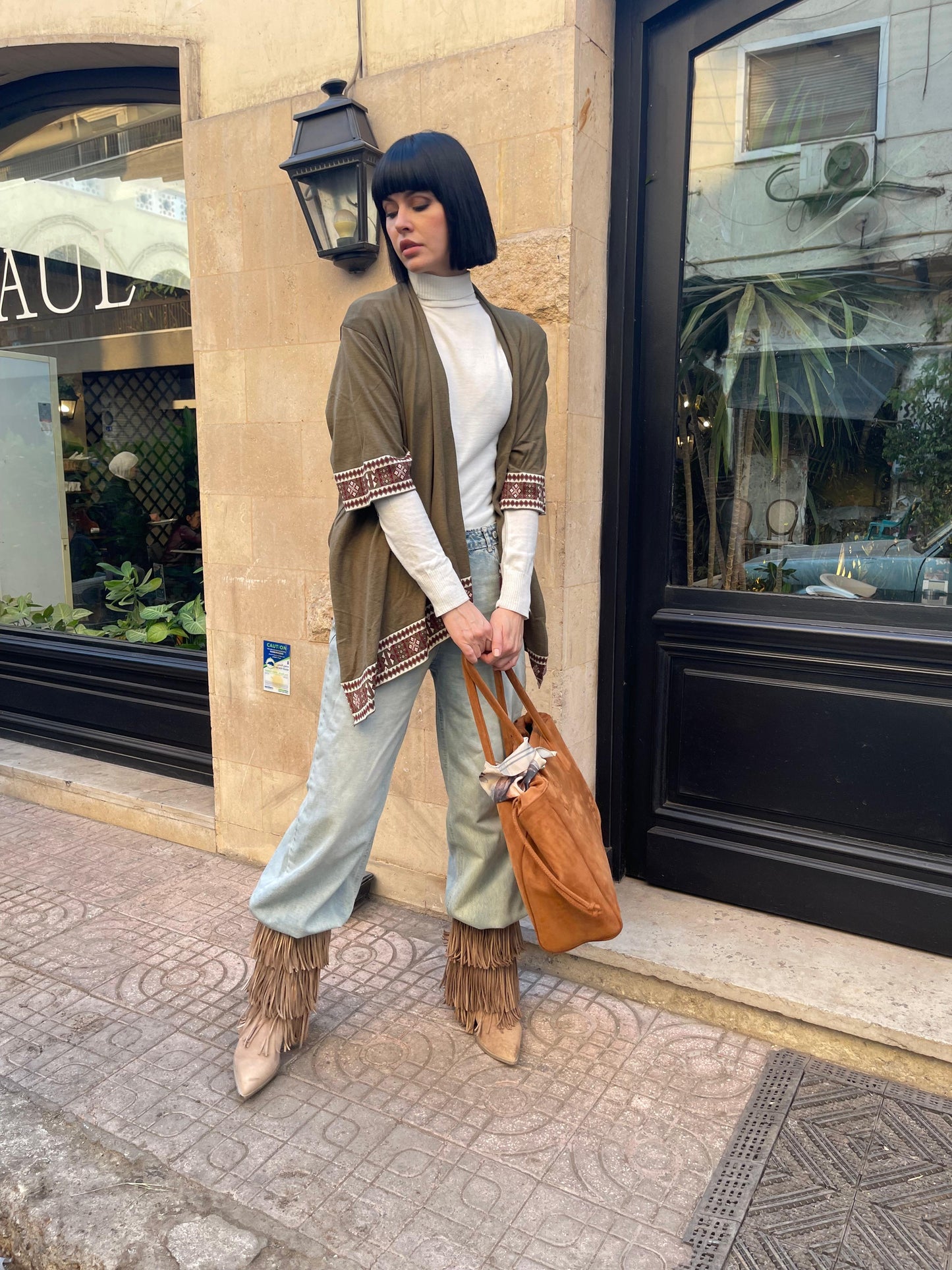 Turkish Boho Asymmetric Knit Cardigan in Olive