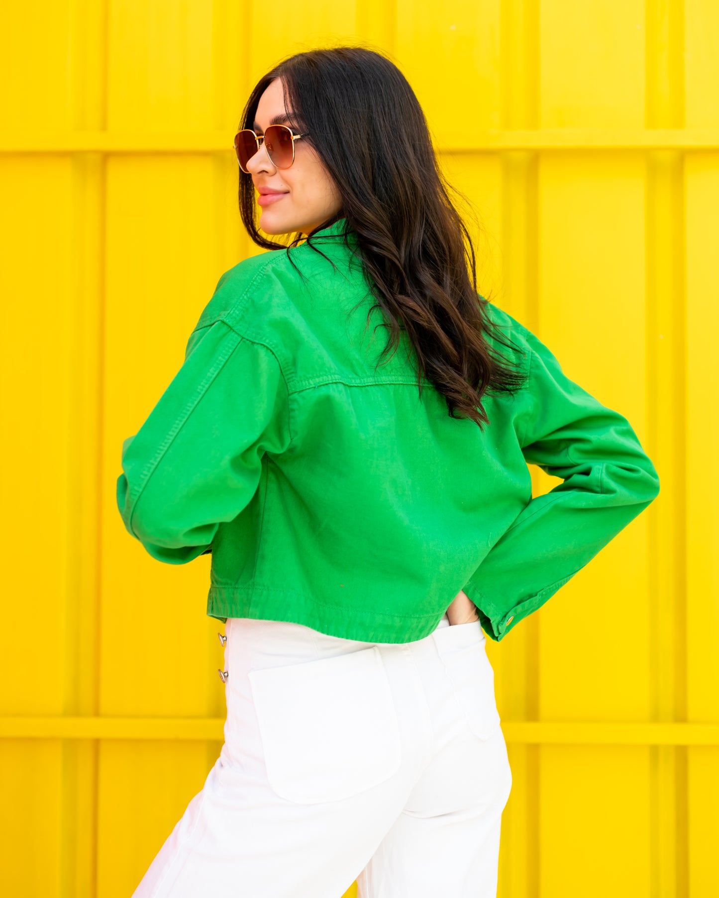 Green denim cropped jacket