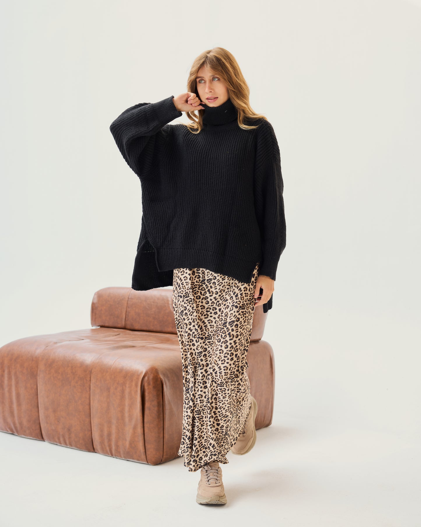 High-Low Turtle-neck Pullover In Black