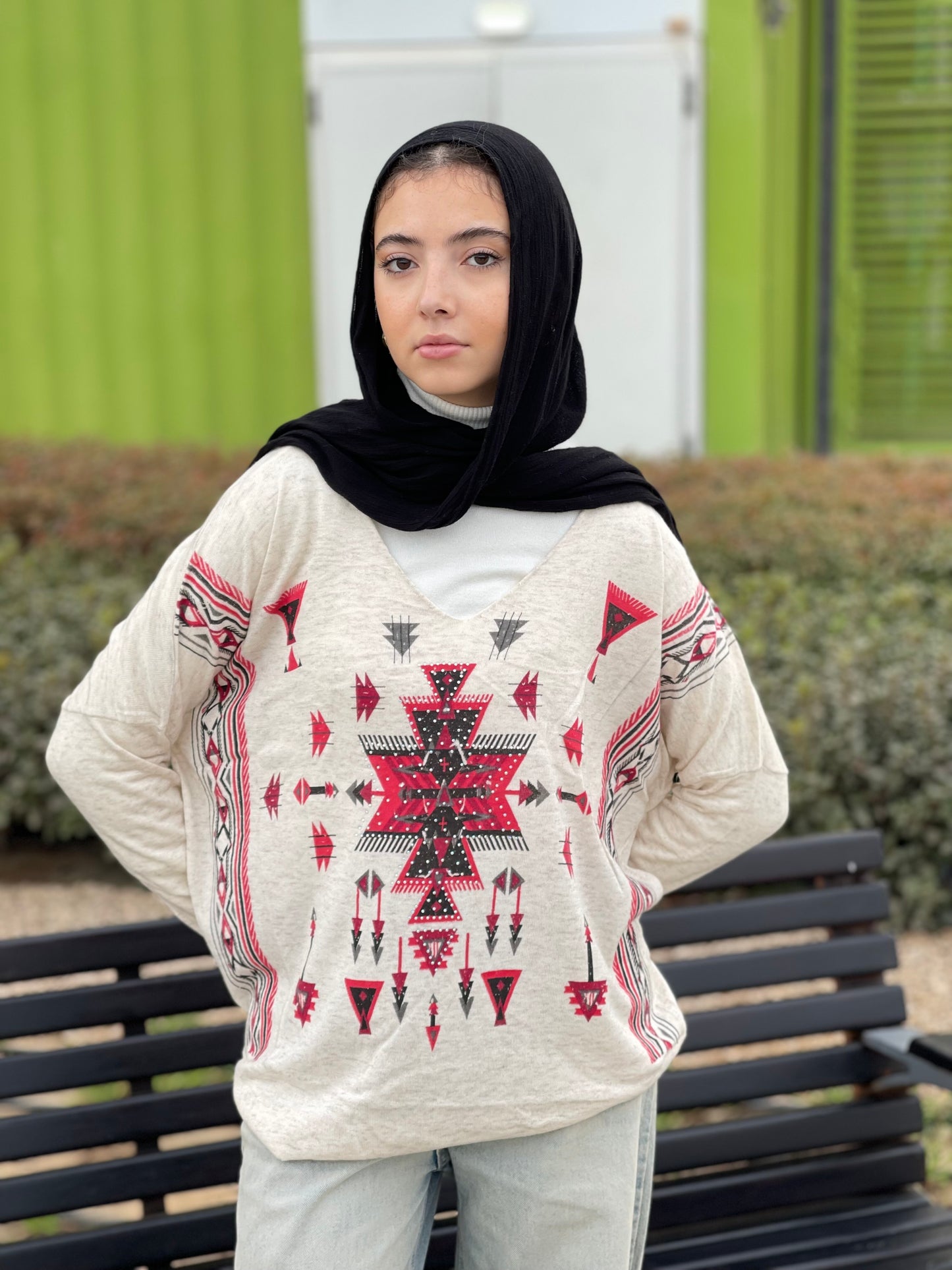 Turkish tribal geometric Pattern sweater in beige