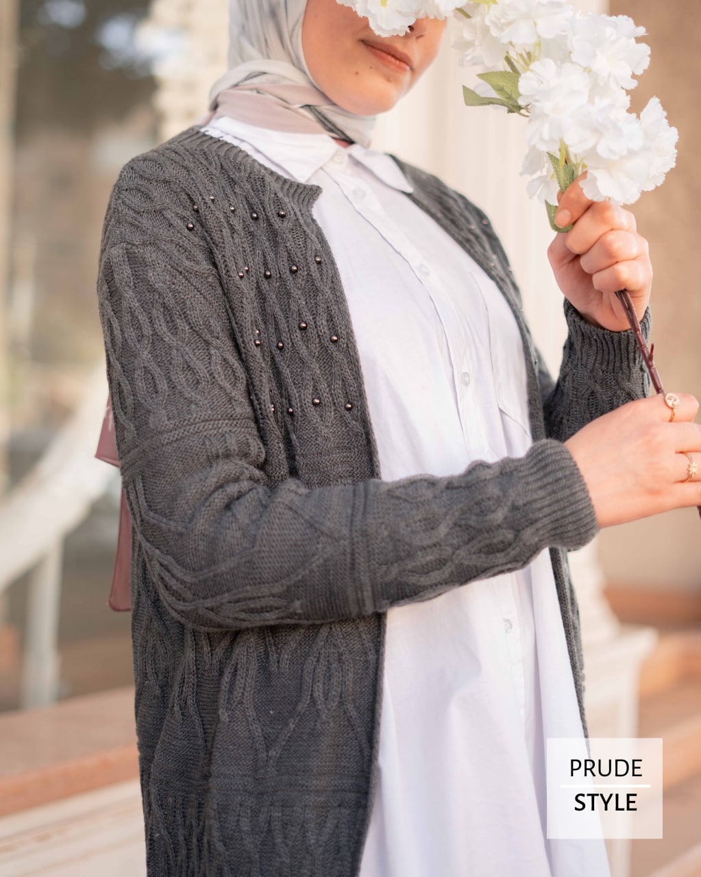 Grey pearls cardigan