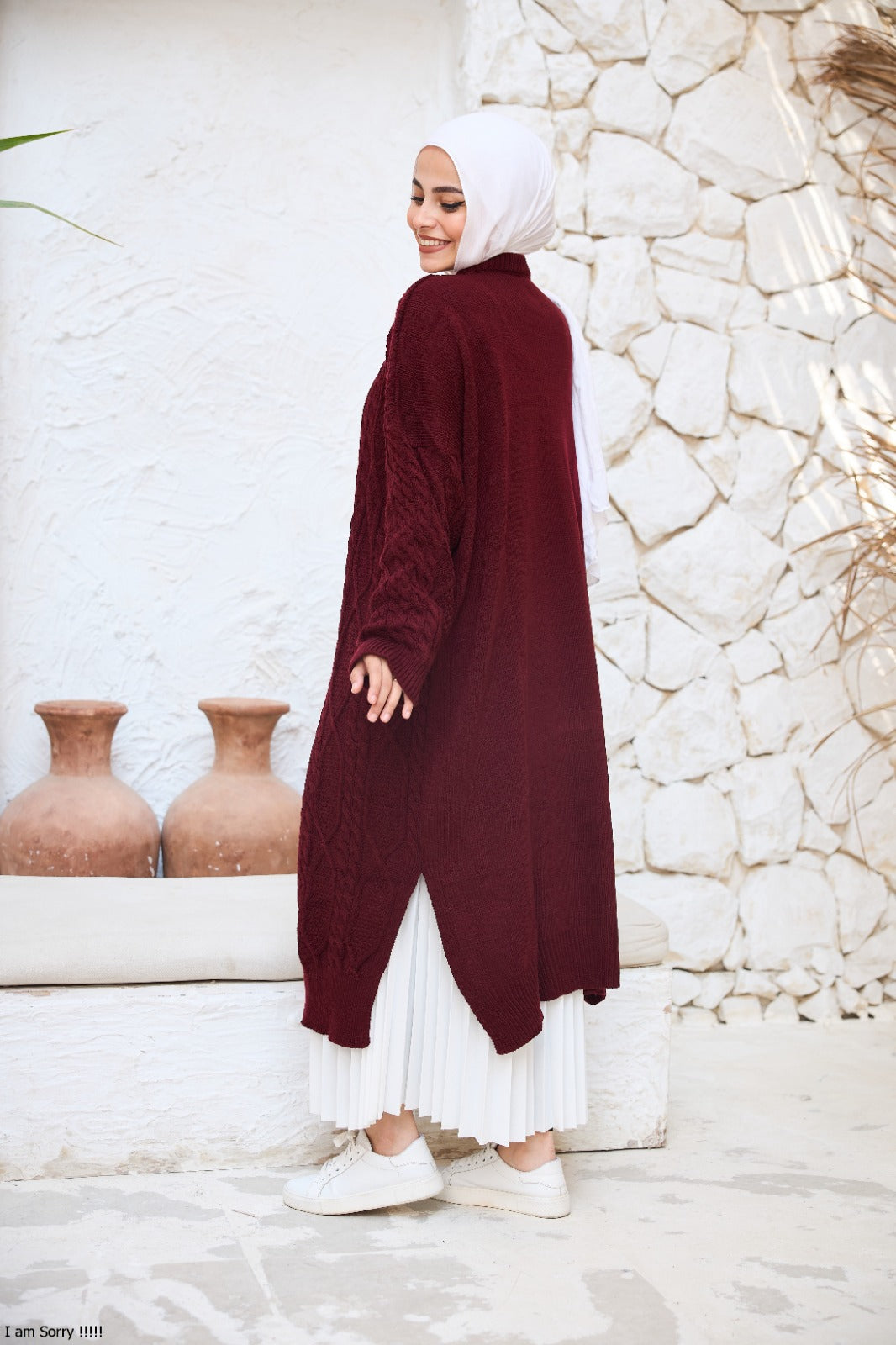Midi Cable-Knit Dress in Burgundy