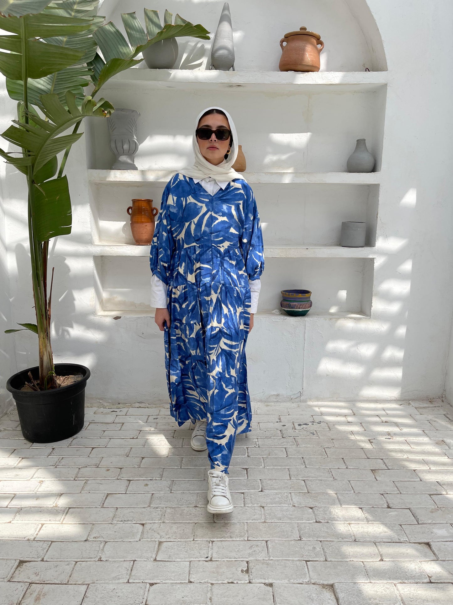 Leafy Linen Dress in Blue