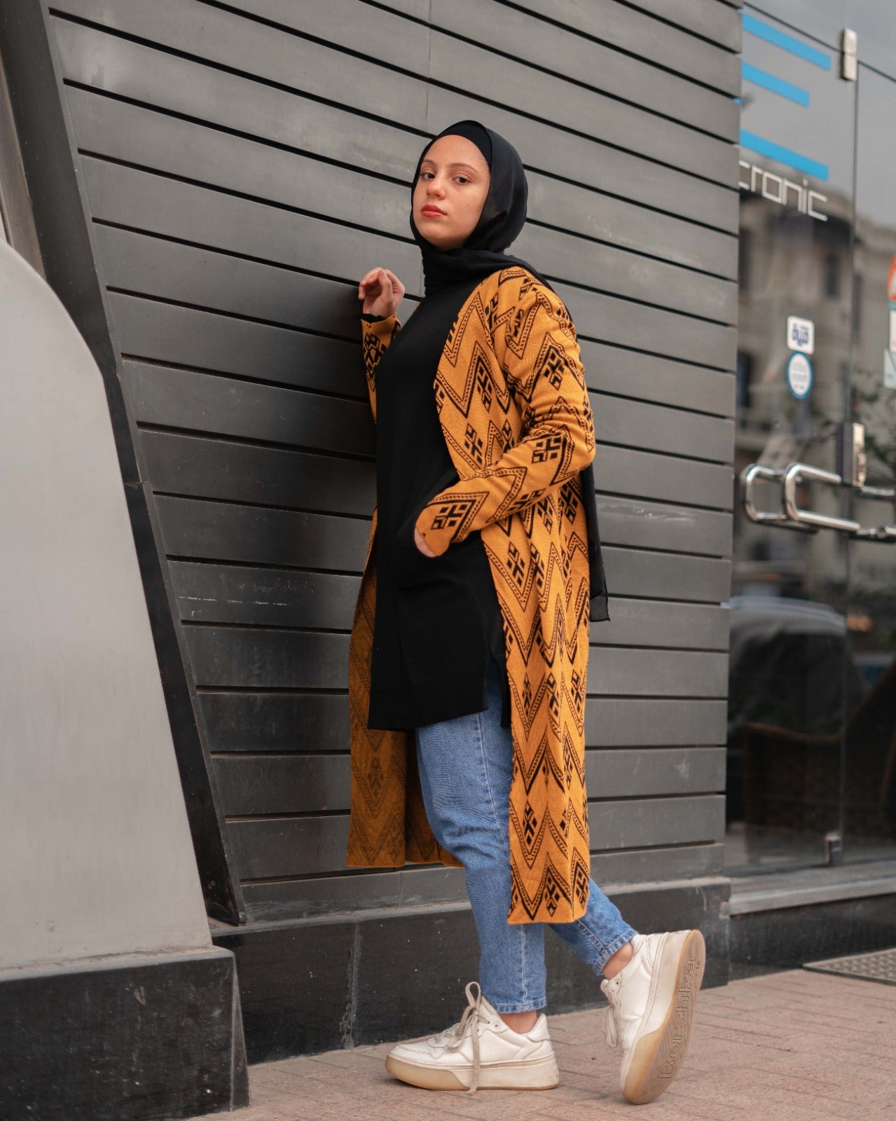 Zigzag Patterned Knitted Cardigan in Mustard