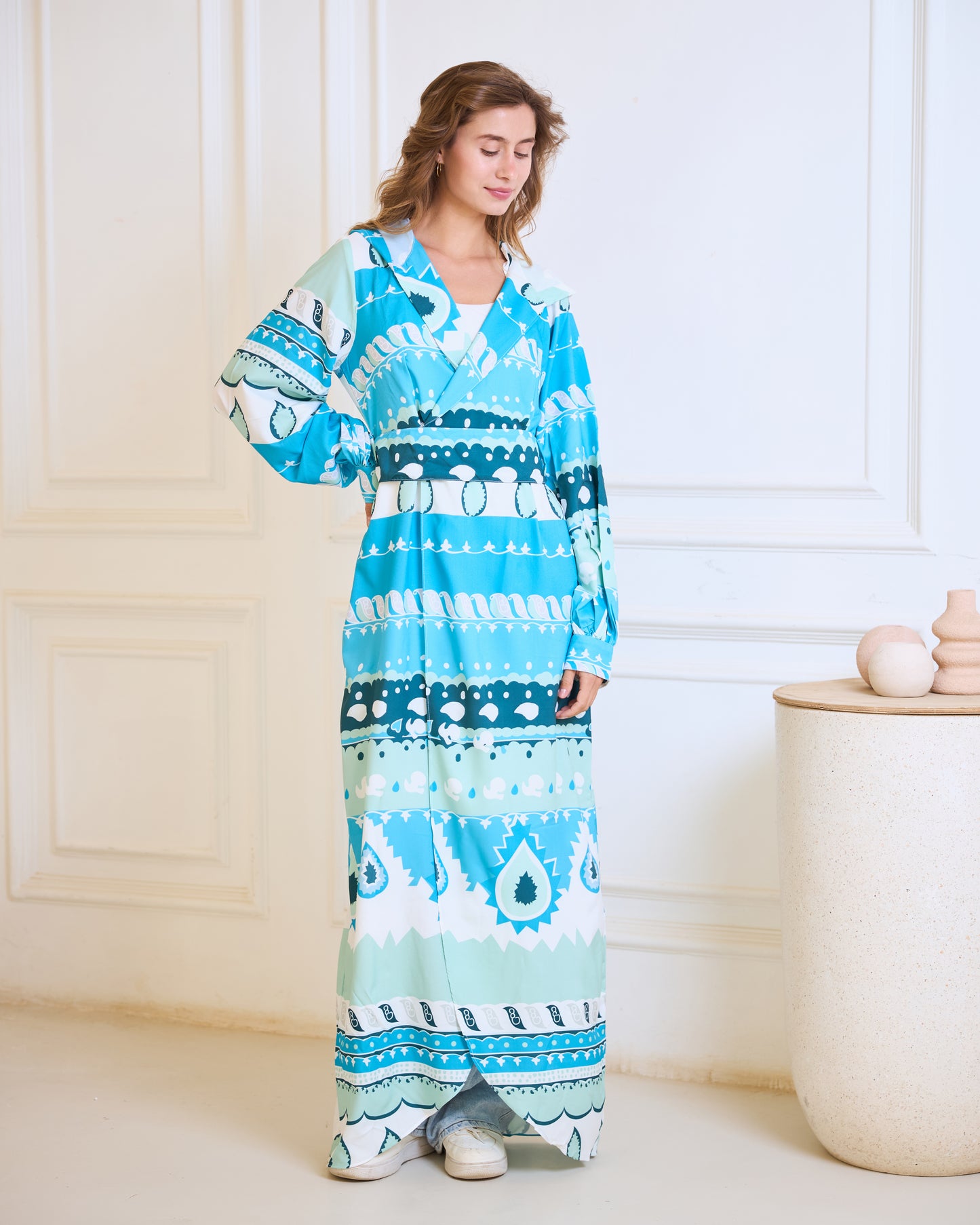 Coastal Geometric Wrap Dress – Turquoise & Mint