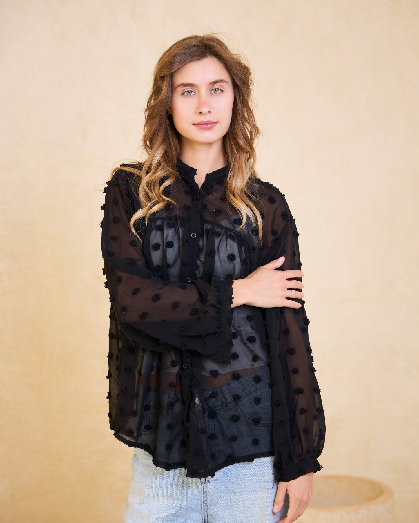 Black Pom-Pom Chiffon Blouse