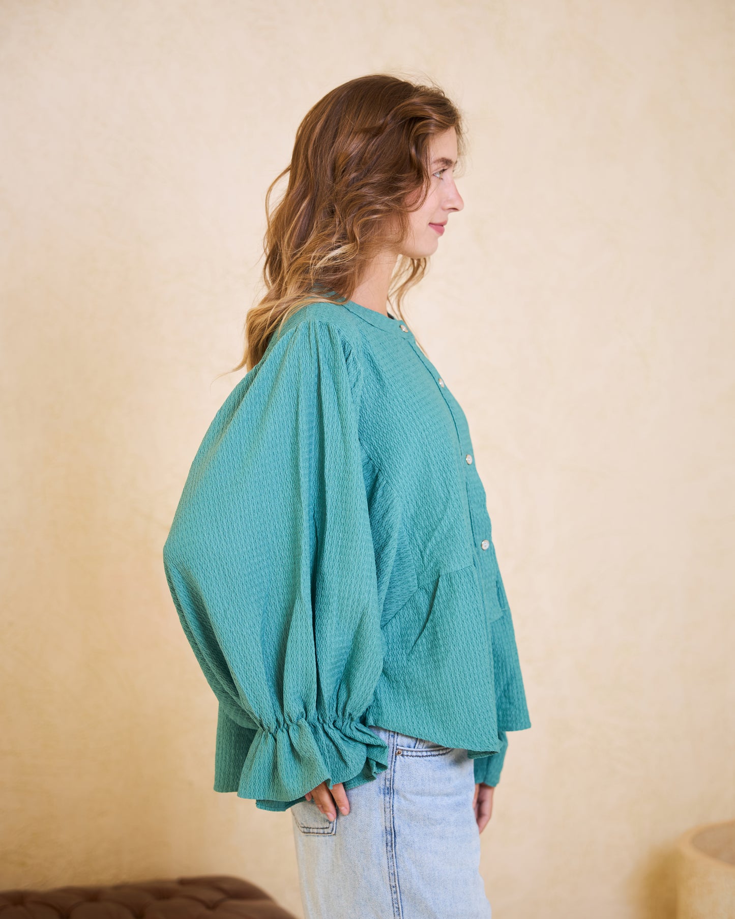 Teal Mist Batwing Statement Blouse