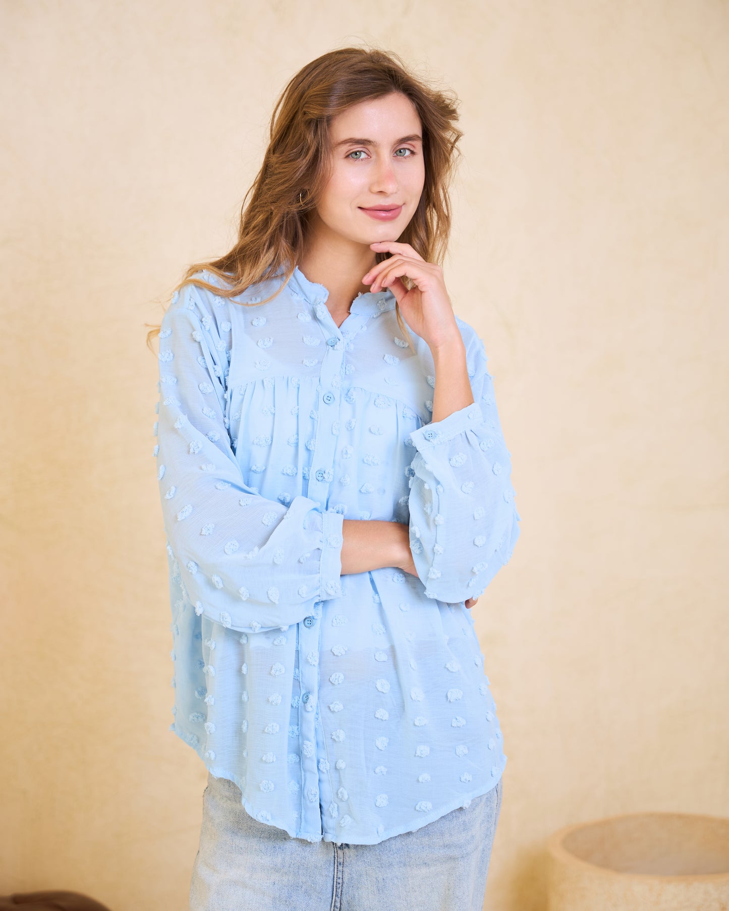 Baby Blue Pom-Pom Chiffon Blouse