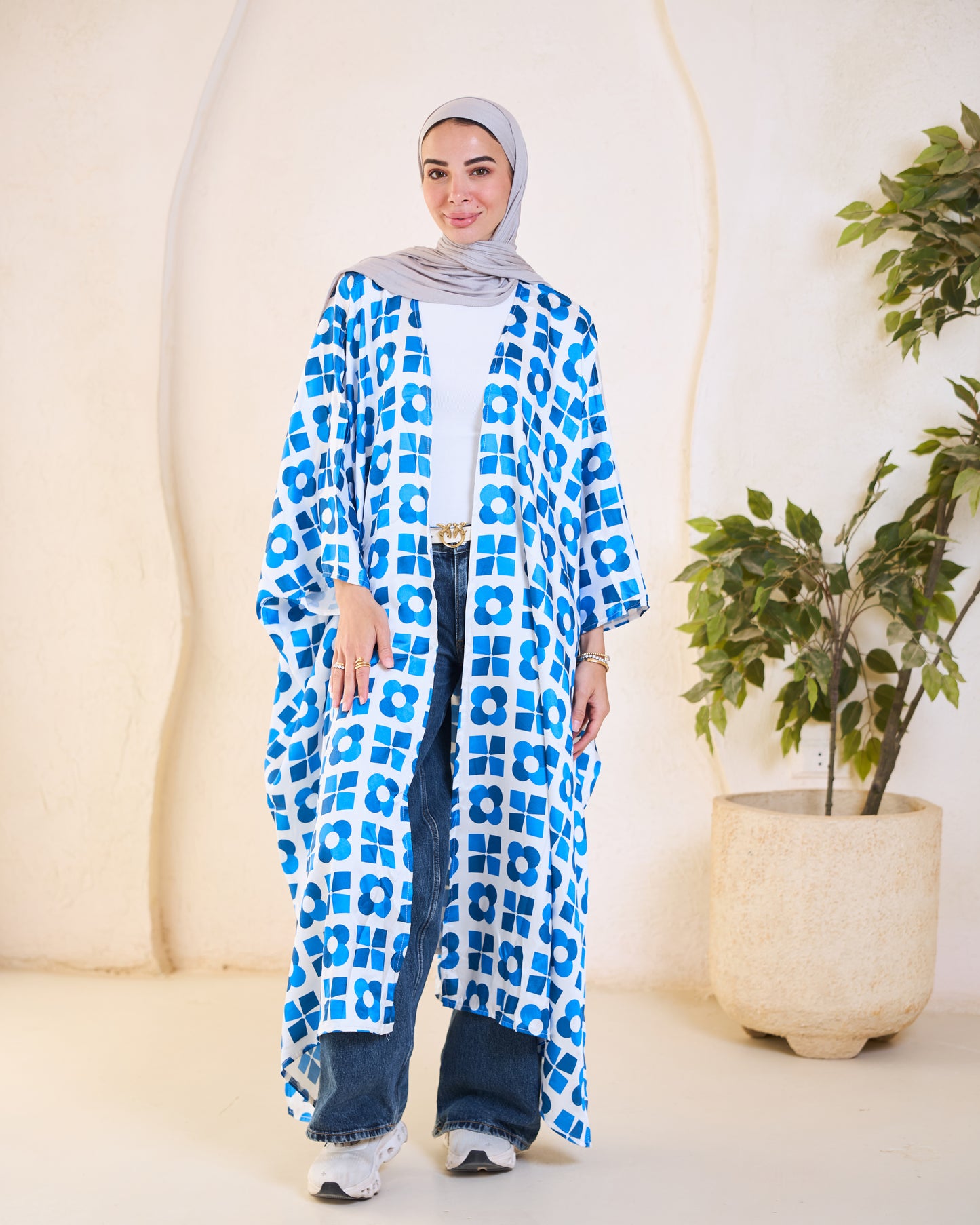 Azure Blue Geometric Floral Longline Kimono