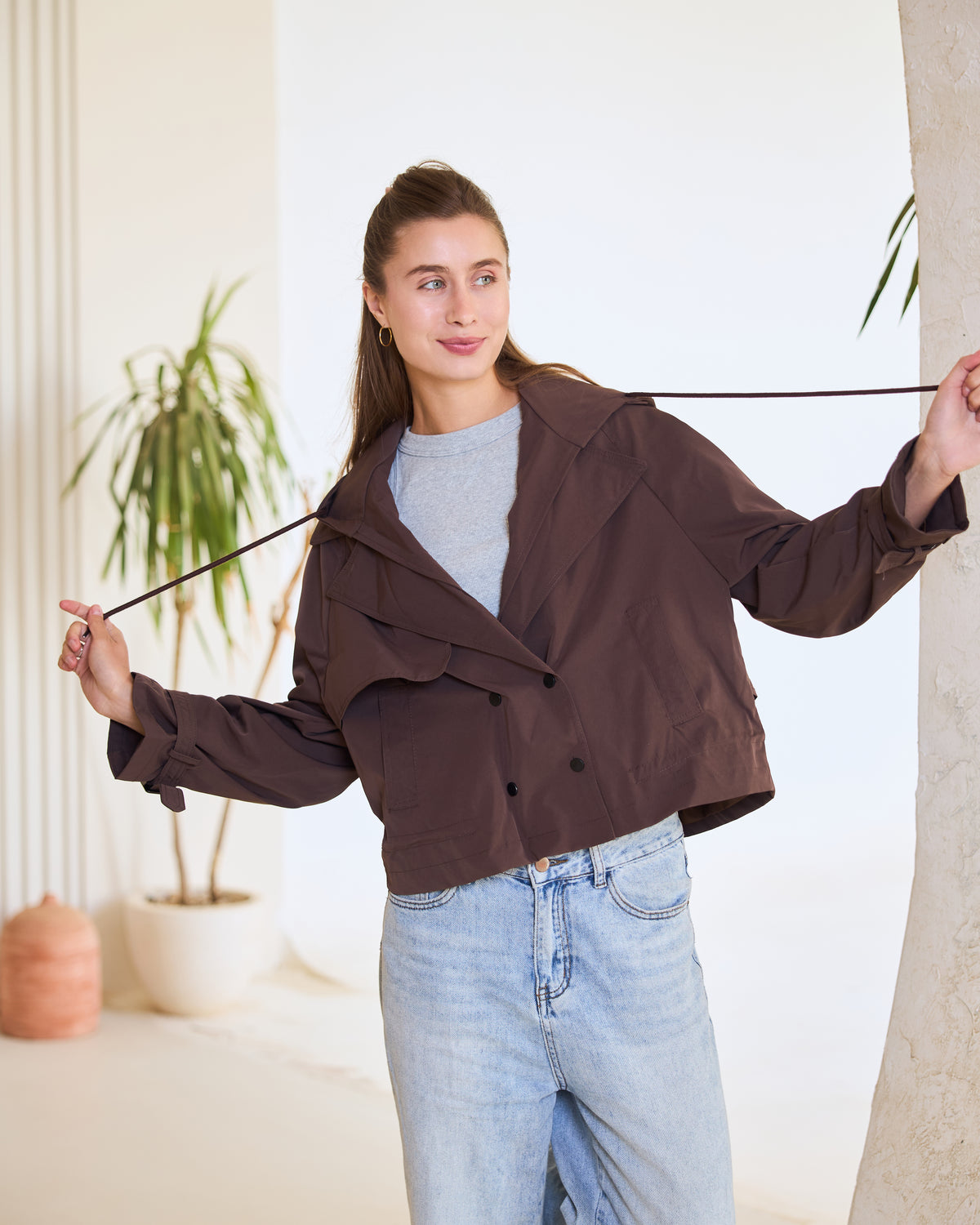 Hooded Cropped Trench Jacket – Dark Khaki.