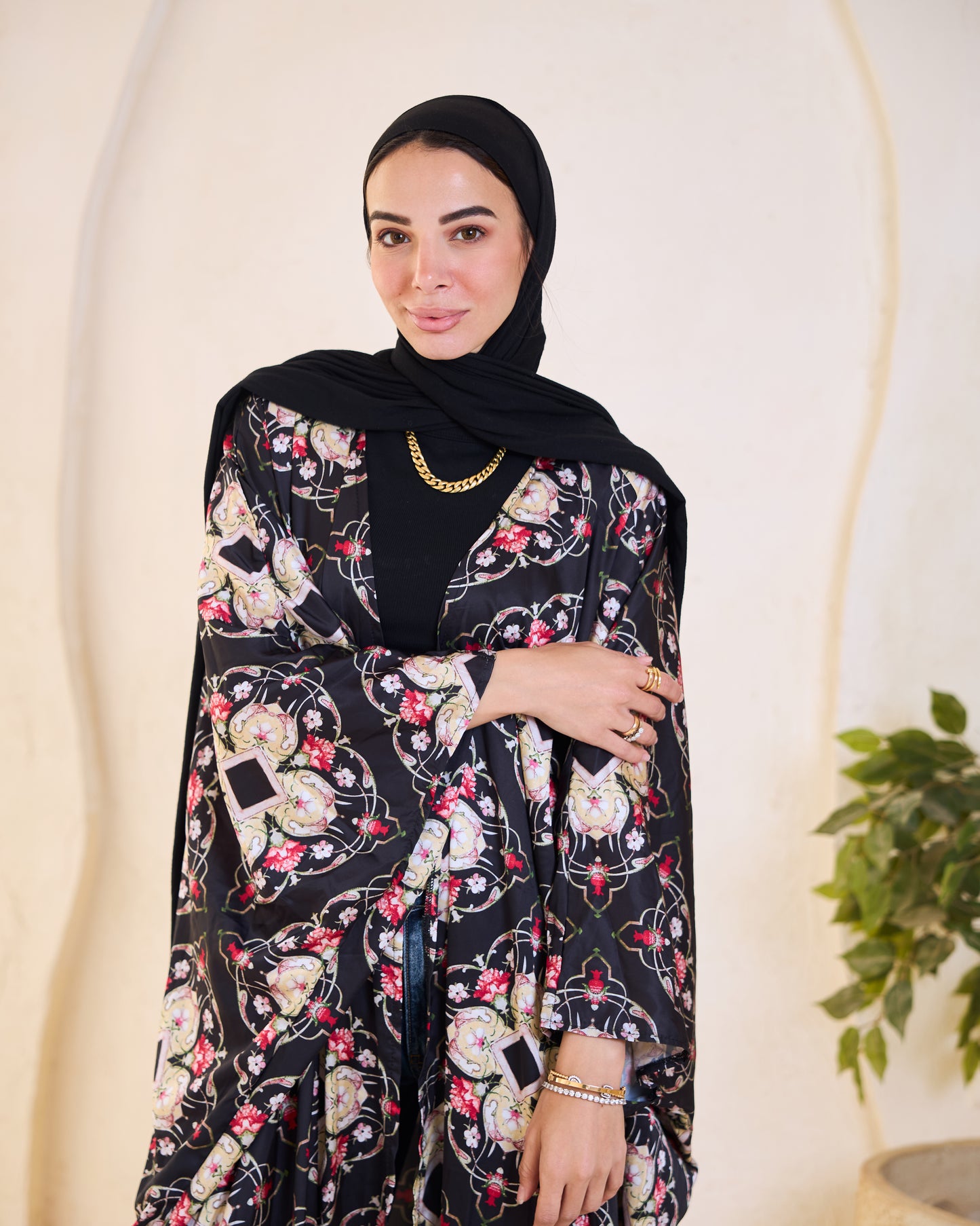 Black Floral Satin Longline Kimon