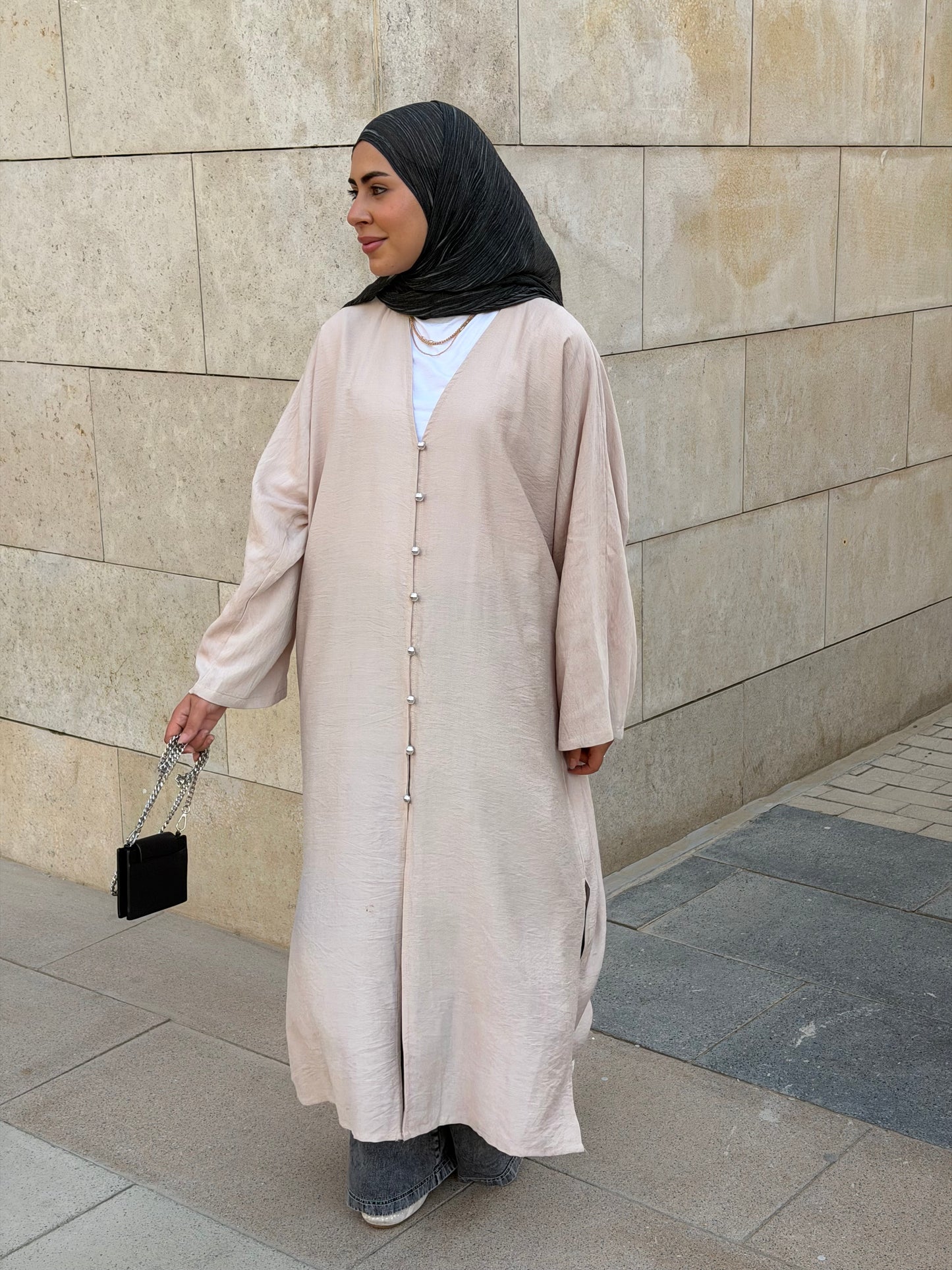 Pearl Button Long Tunic In Beige