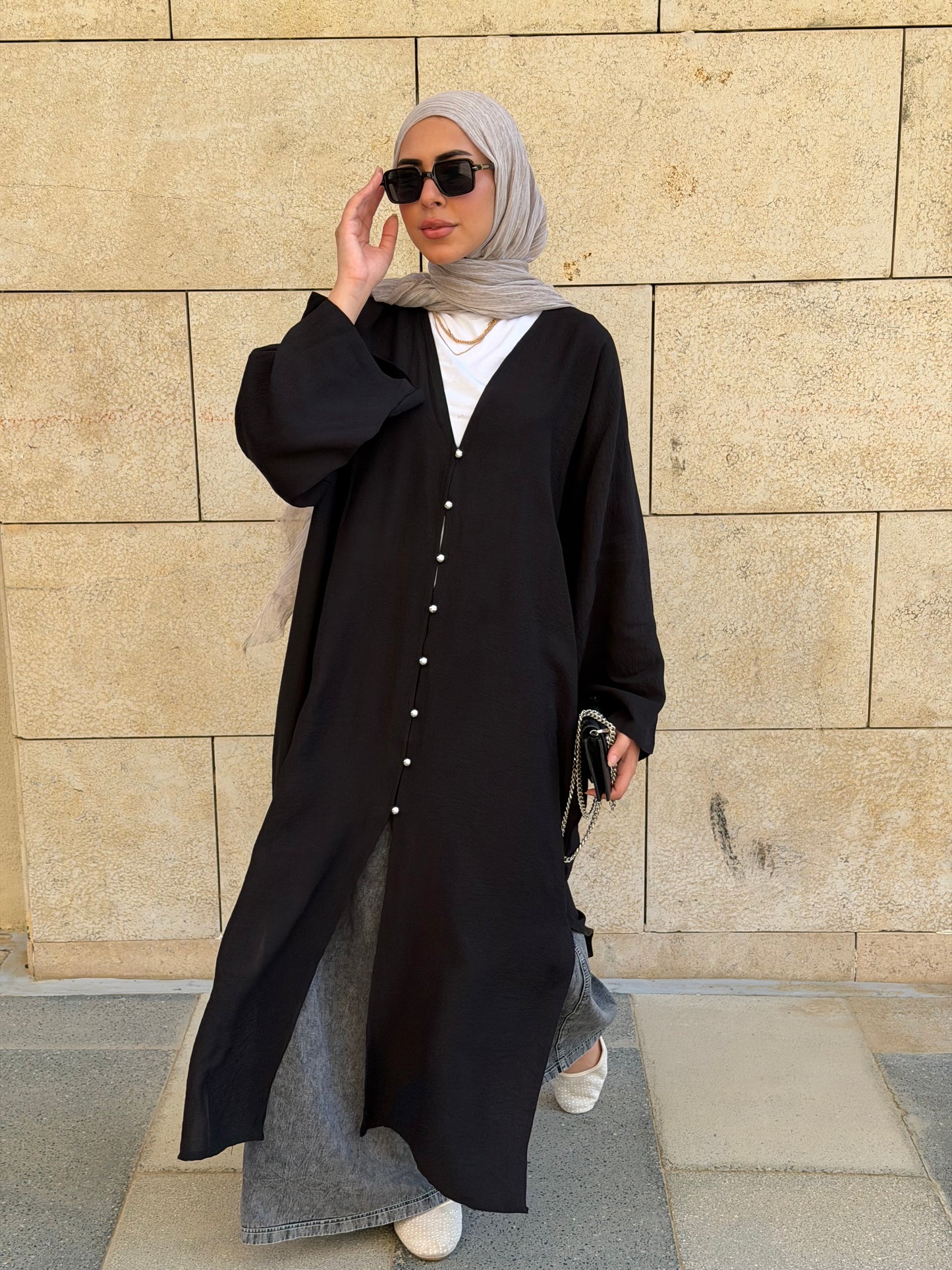 Pearl Button Long Tunic In Black