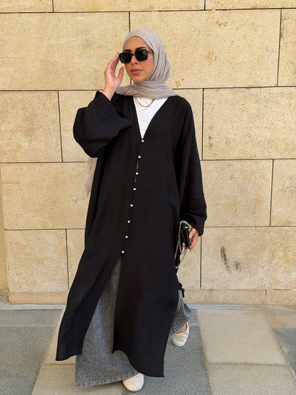 Pearl Button Long Tunic In Black