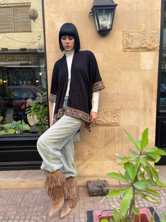 Turkish Boho Asymmetric Knit Cardigan in Black