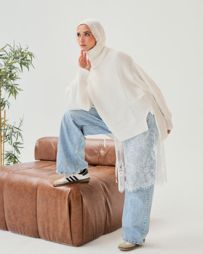 High-Low Turtle-neck Pullover In White