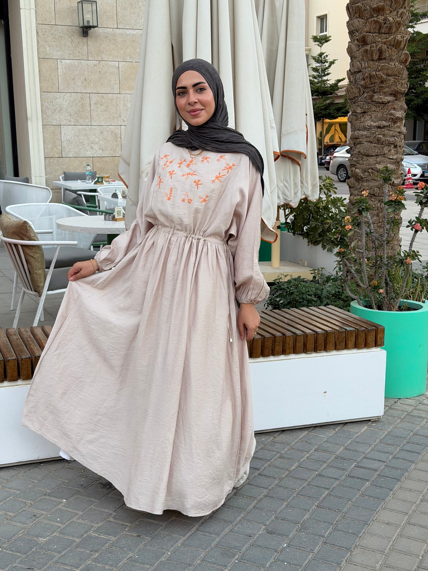 Elena Beige Embroidered  Dress