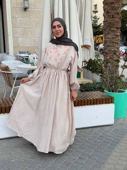 Elena Beige Embroidered  Dress