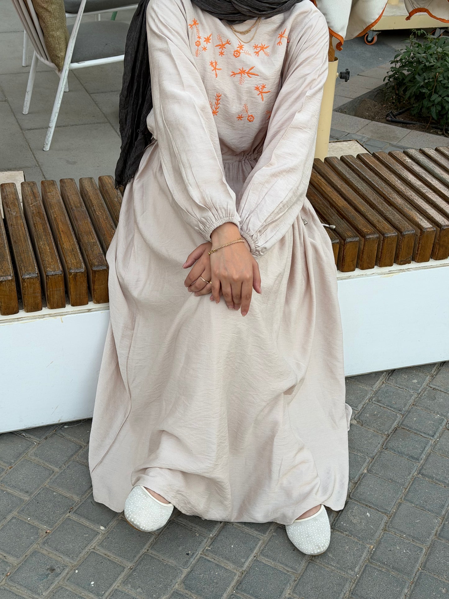 Elena Beige Embroidered  Dress