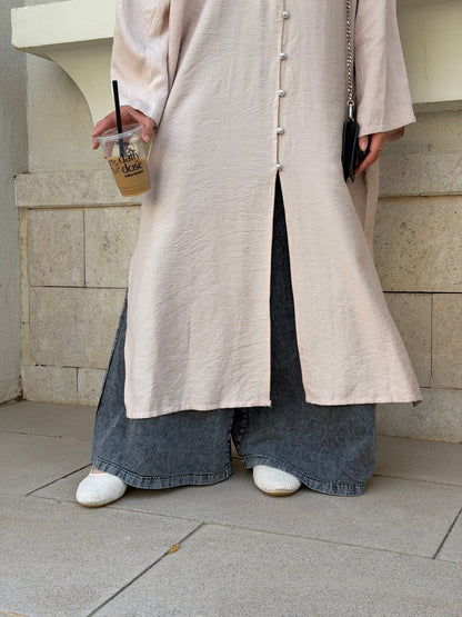 Pearl Button Long Tunic In Beige