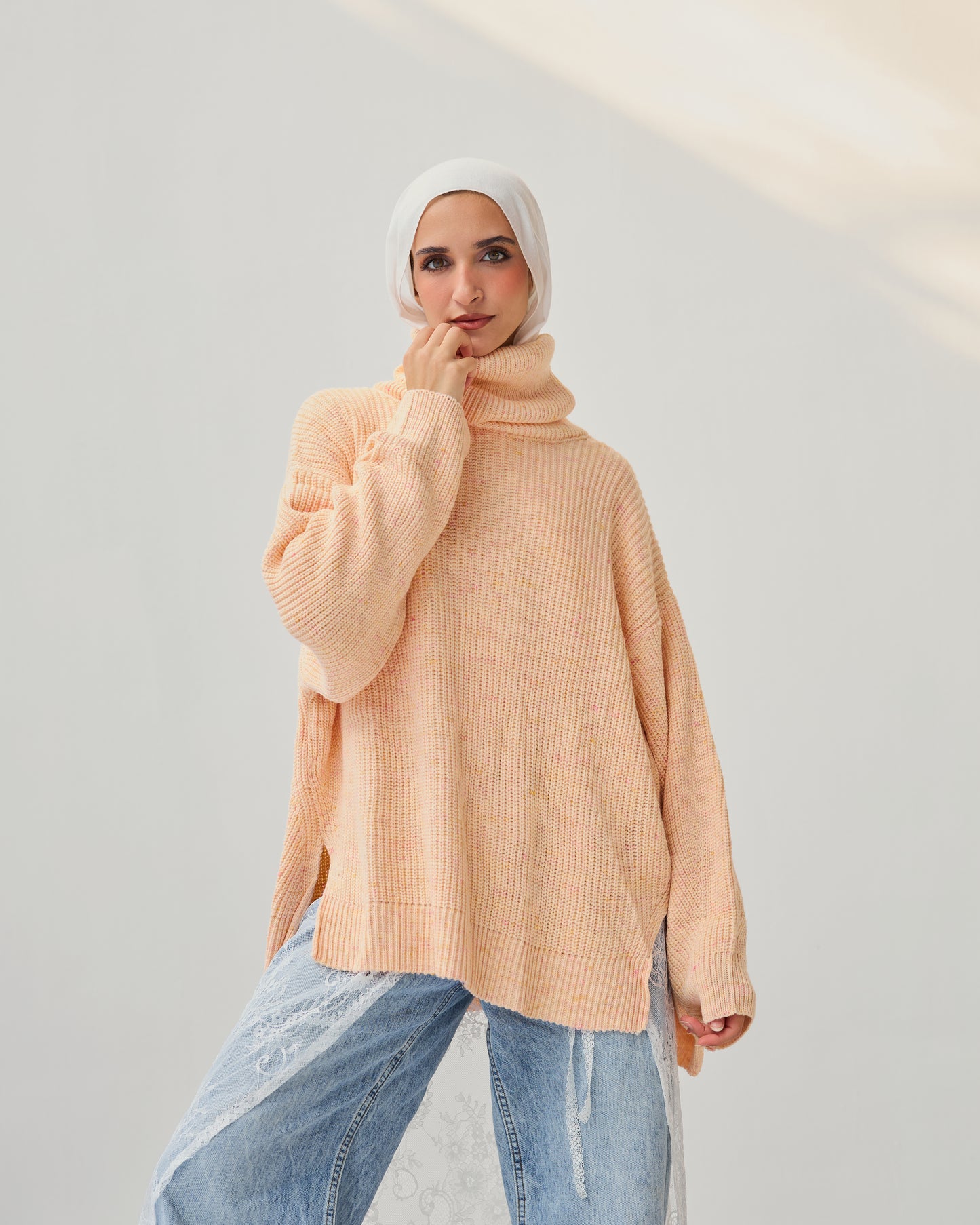 High-Low Turtle-neck Pullover in Light Salmon