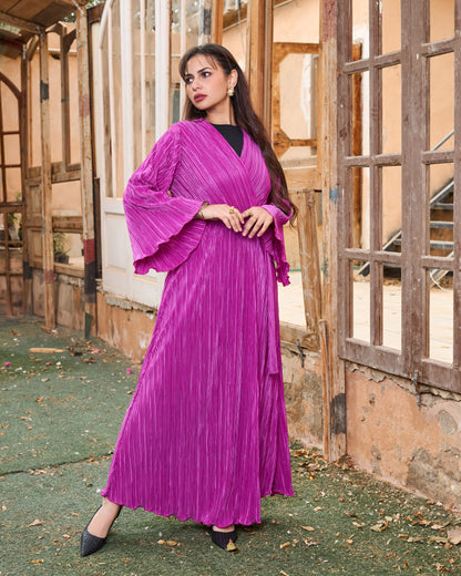 Pleated Satin Wrap Dress (Fuchsia)