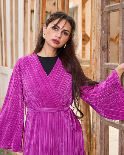 Pleated Satin Wrap Dress (Fuchsia)