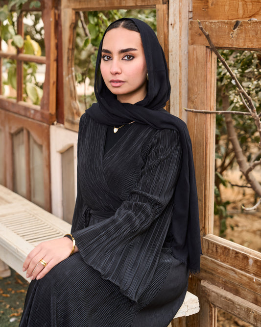 Pleated Satin Wrap Dress (Black)