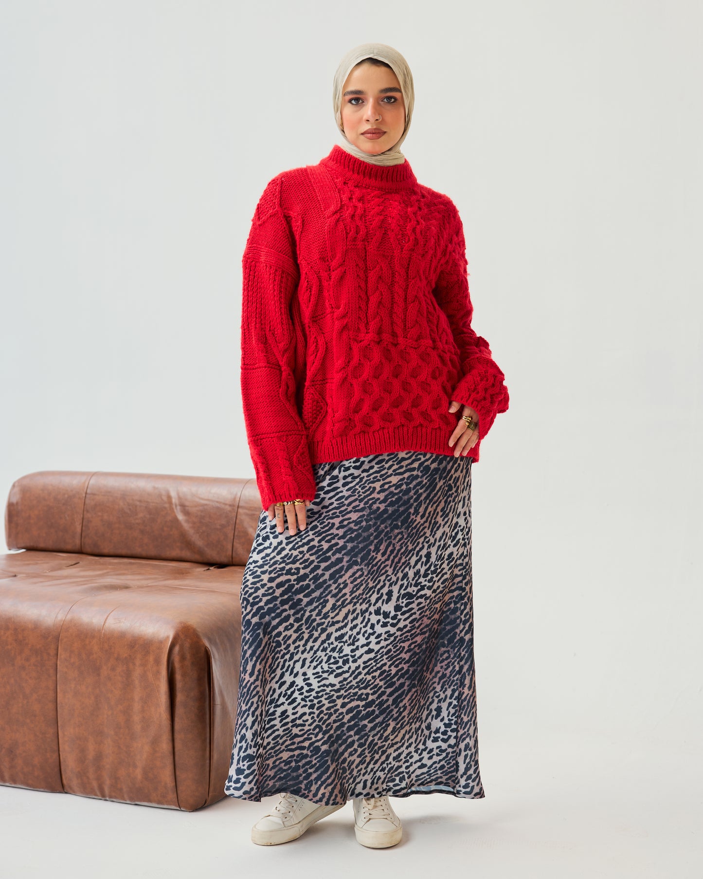 Premium Multi Cable-Knit Sweater in Red