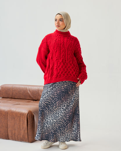 Premium Multi Cable-Knit Sweater in Red
