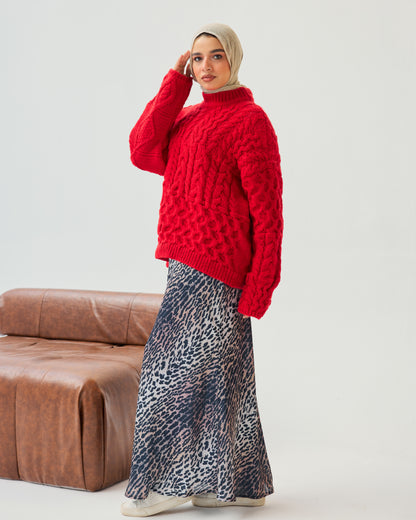 Premium Multi Cable-Knit Sweater in Red