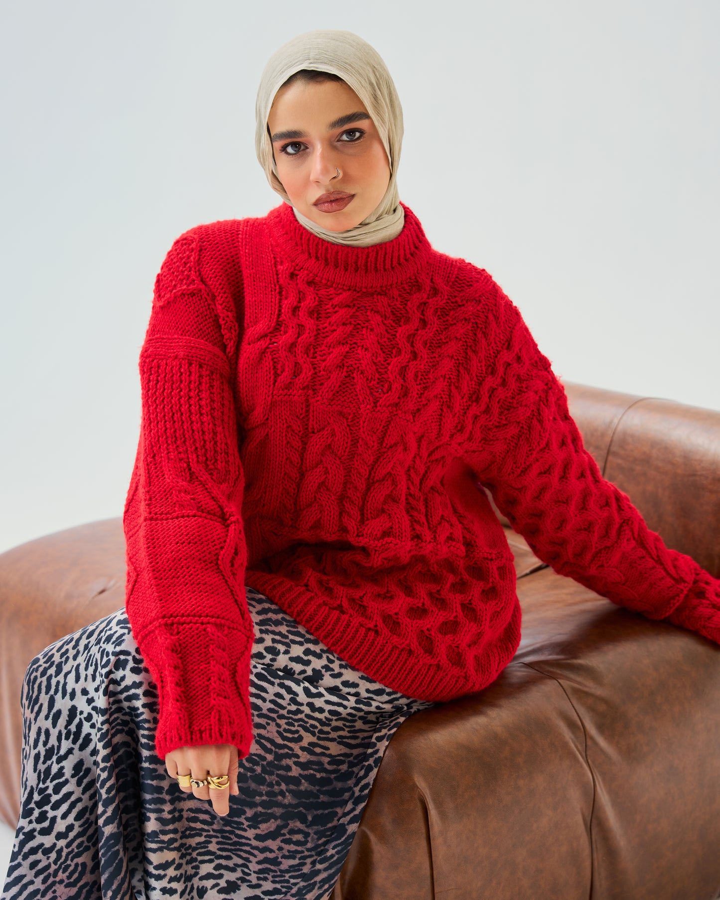 Premium Multi Cable-Knit Sweater in Red