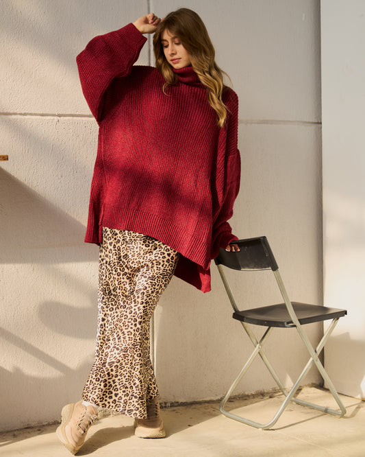 High-Low Turtle-neck Pullover in Burgundy