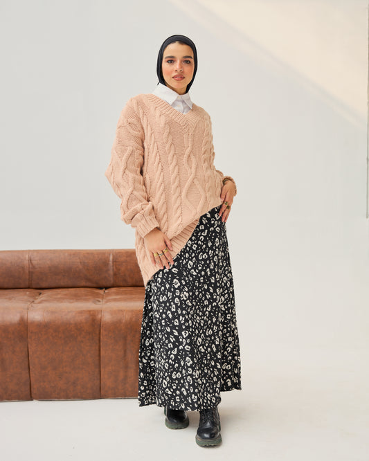 Cable-knit V-neck Sweater in  Peachy Nude