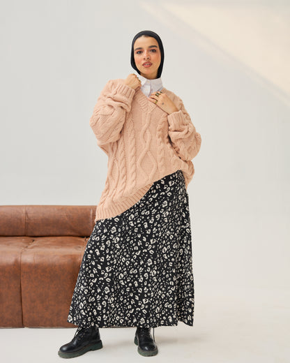 Cable-knit V-neck Sweater in  Peachy Nude