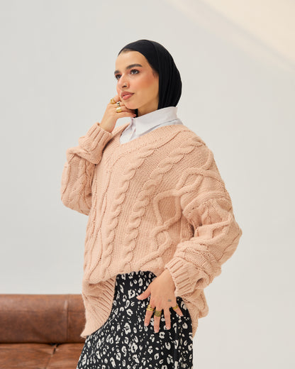 Cable-knit V-neck Sweater in  Peachy Nude