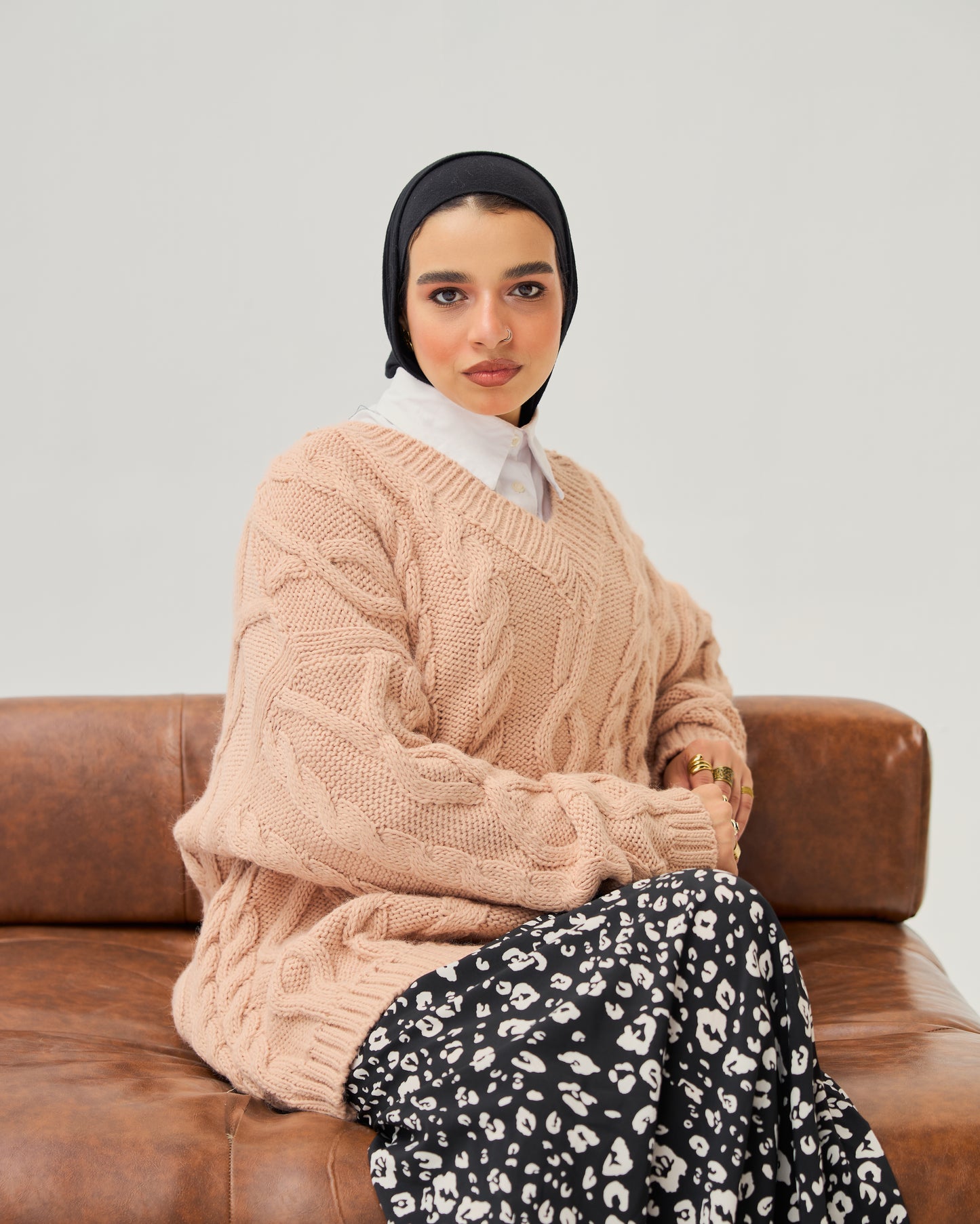 Cable-knit V-neck Sweater in  Peachy Nude