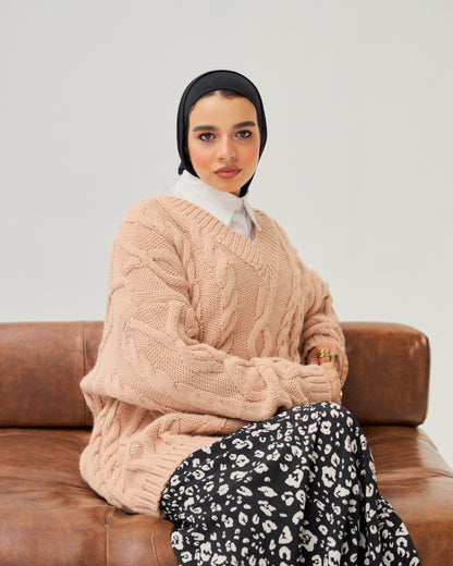 Cable-knit V-neck Sweater in  Peachy Nude