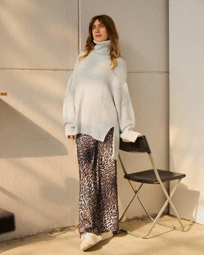 High-Low Turtle-neck Pullover in Baby-blue