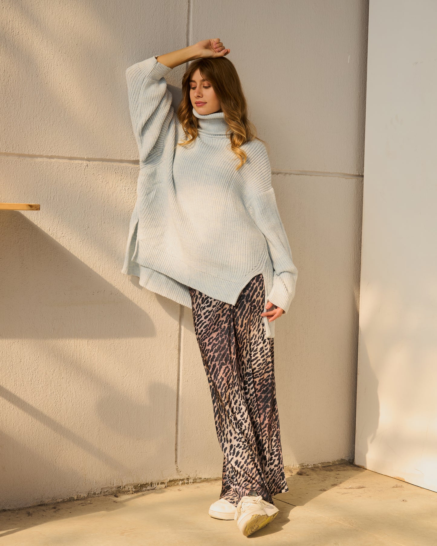 High-Low Turtle-neck Pullover in Baby-blue