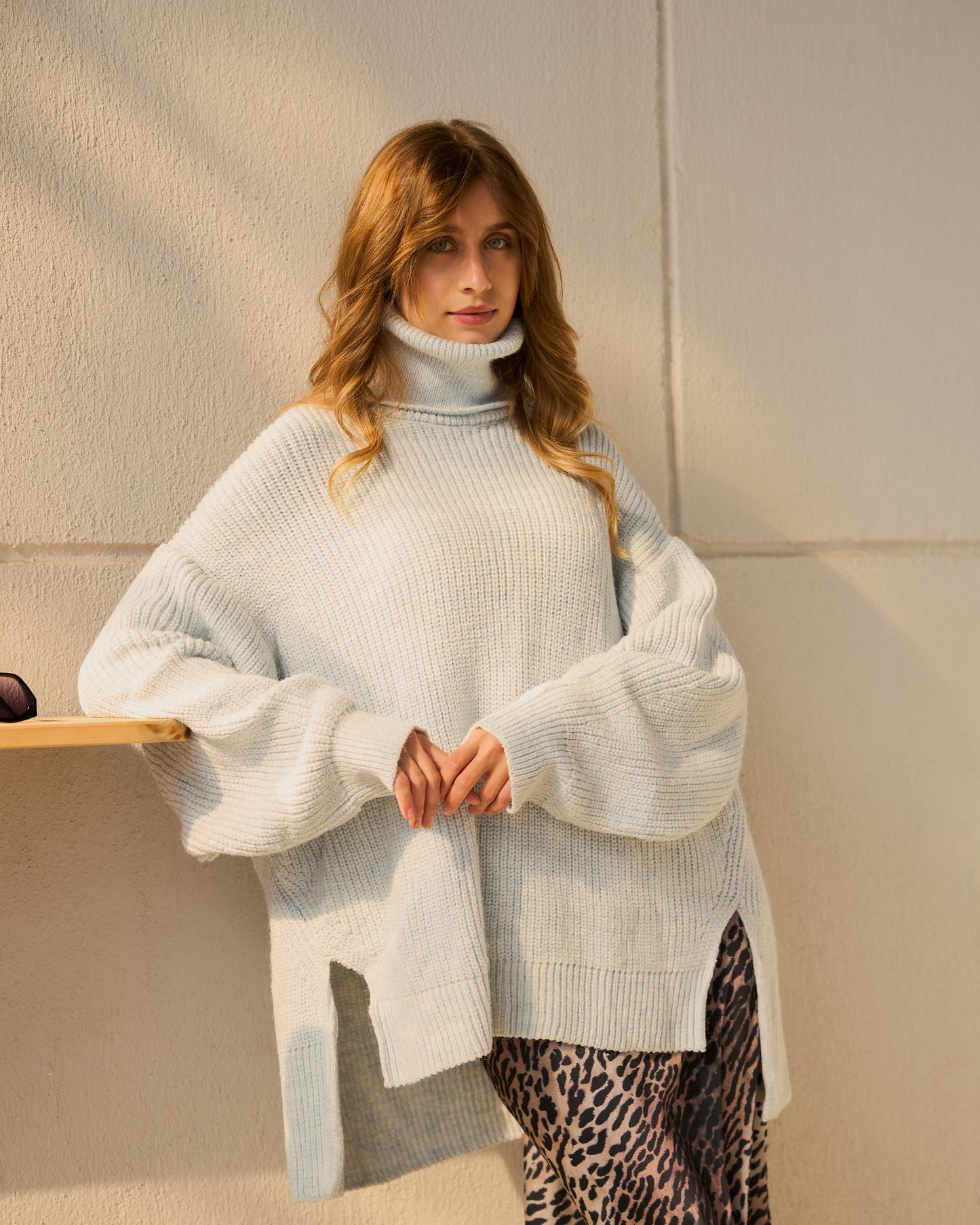 High-Low Turtle-neck Pullover in Baby-blue