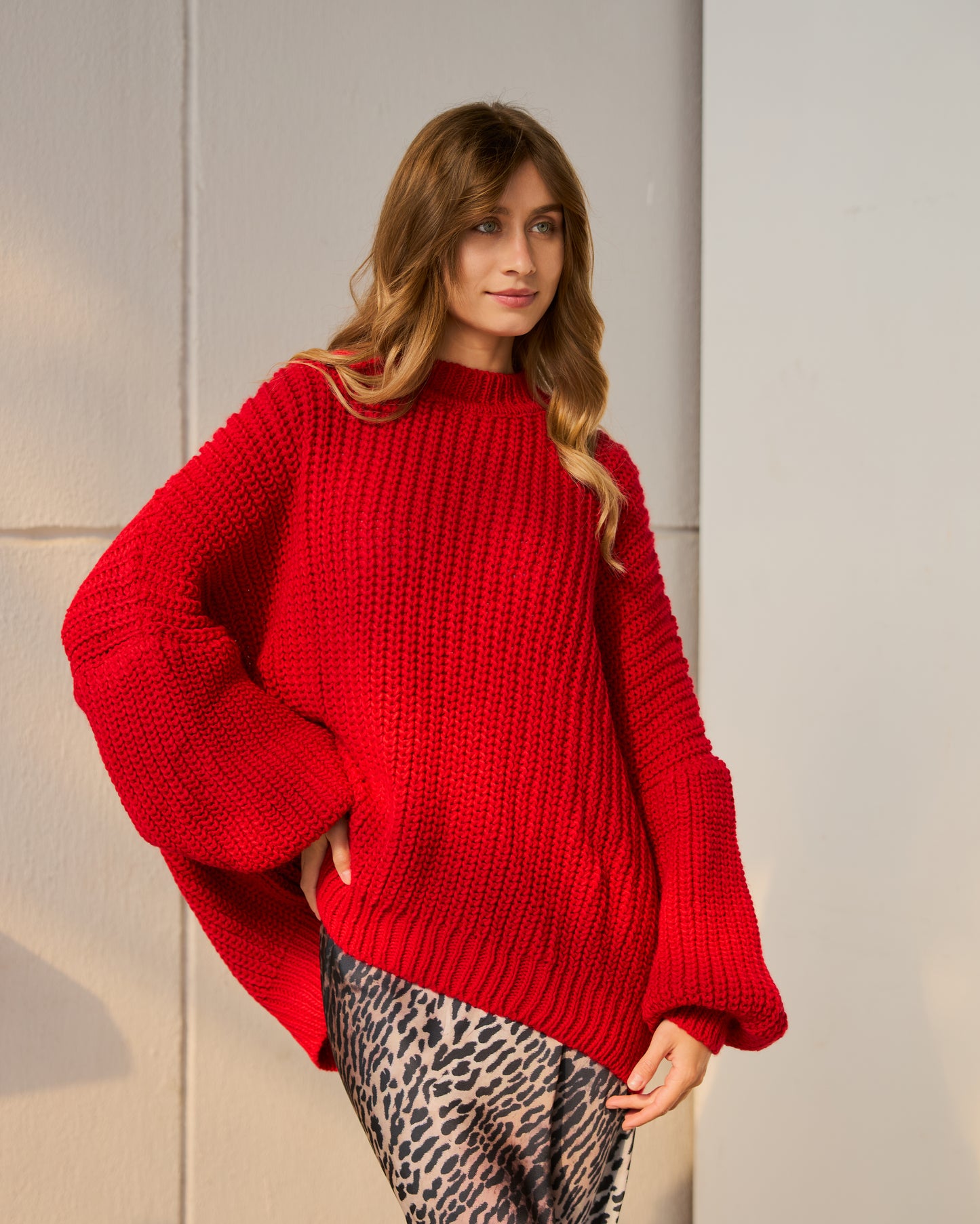 Oversized Chunky Knit Heavy  Sweater in Red