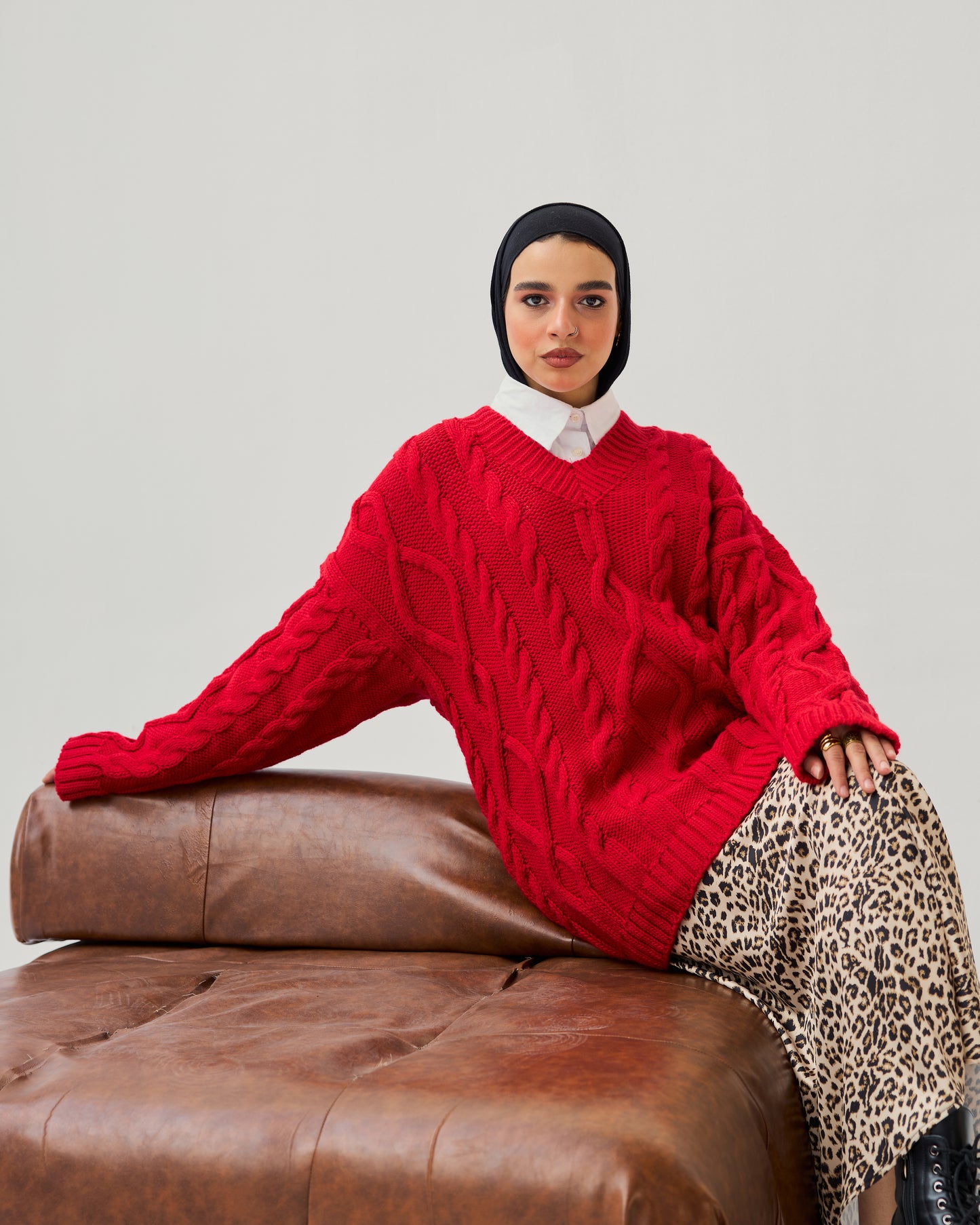 Cable-knit V-neck Sweater in Bold Red