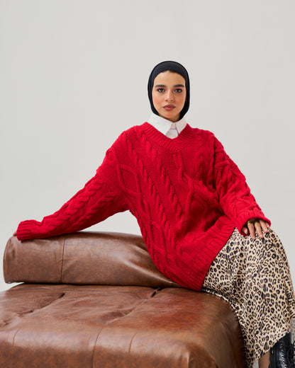 Cable-knit V-neck Sweater in Bold Red