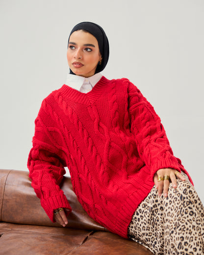 Cable-knit V-neck Sweater in Bold Red